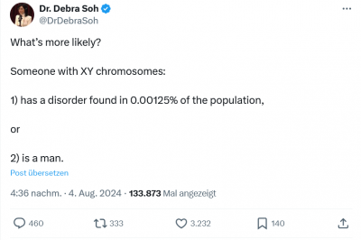 Screenshot 2024-08-04 at 22-00-49 Dr. Debra Soh auf X „What’s more likely Someone with XY chromosomes 1) has a disorder found in 0.00125% of the population or 2) is a man.“ _ X.png