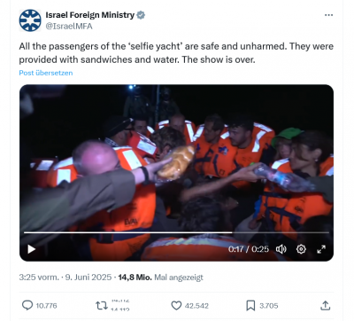 Screenshot 2025-06-09 at 13-47-54 (1) Israel Foreign Ministry auf X „All the passengers of the ‘selfie yacht’ are safe and unharmed. They were provided with sandwiches and water. The show is over. https __t.co_tLZZYcspJO“ _ X.png